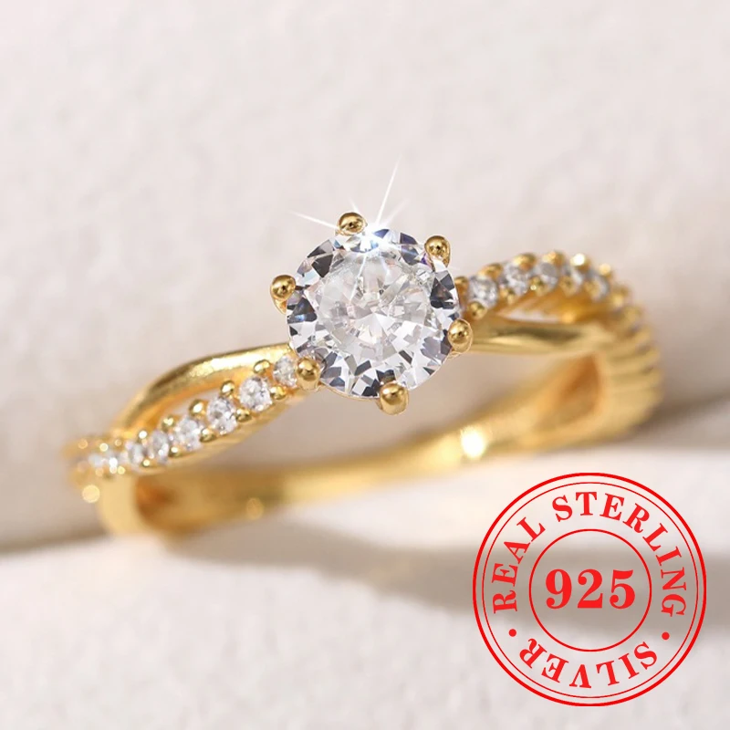 Huitan Noble 6-когти CZ кольца женские золотого цвета стерлингового серебра 925 пробы