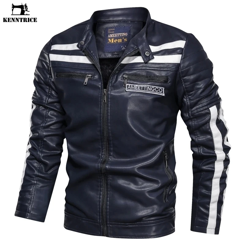 

Kenntrice Leather Jackets for Men Fashion Stand Collar Add Fleece Coat Long Sleeved Zipper Outerwear Mens Clothing Wholesale