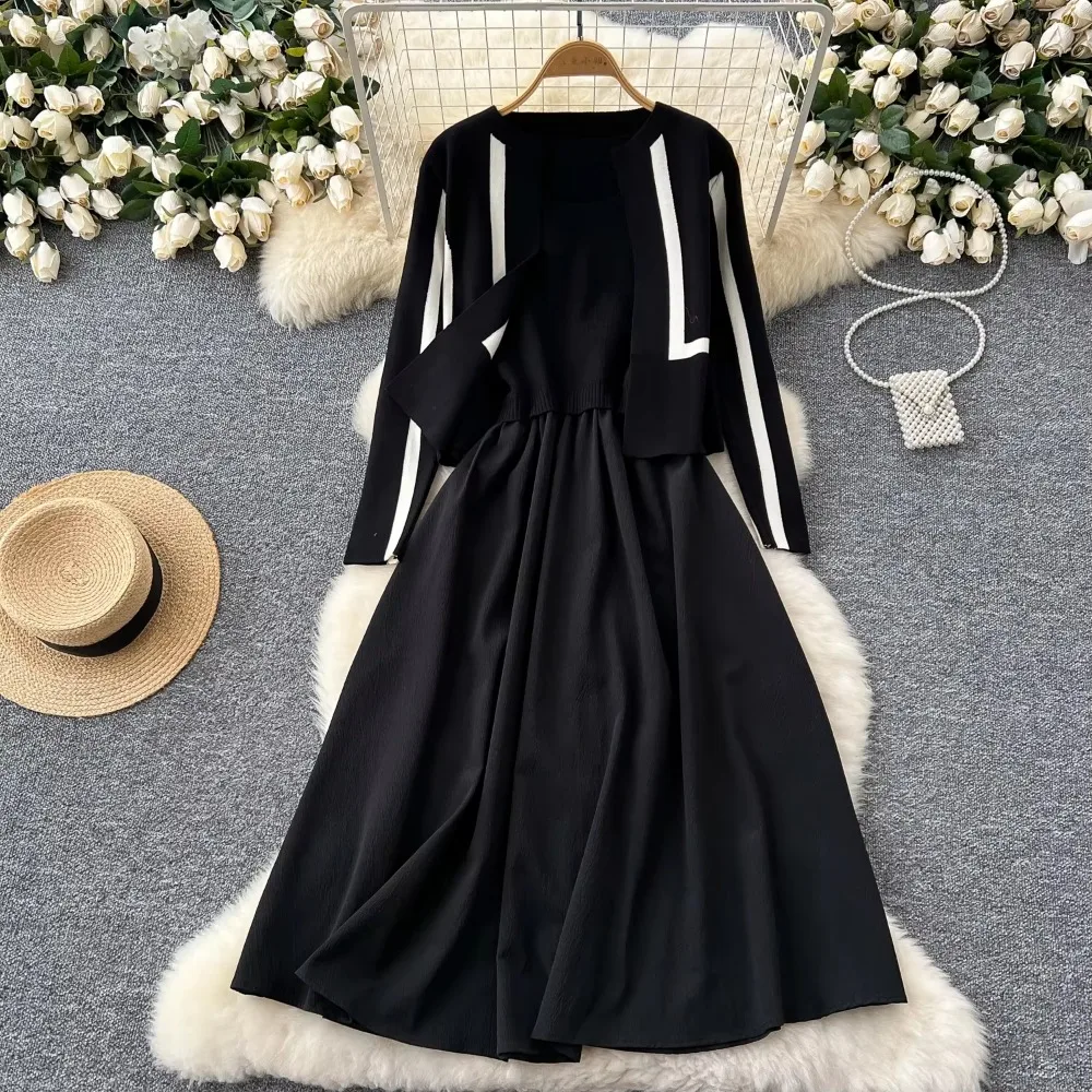 Шикарные повседневные комплекты из двух предметов вязаное пальто с длинными