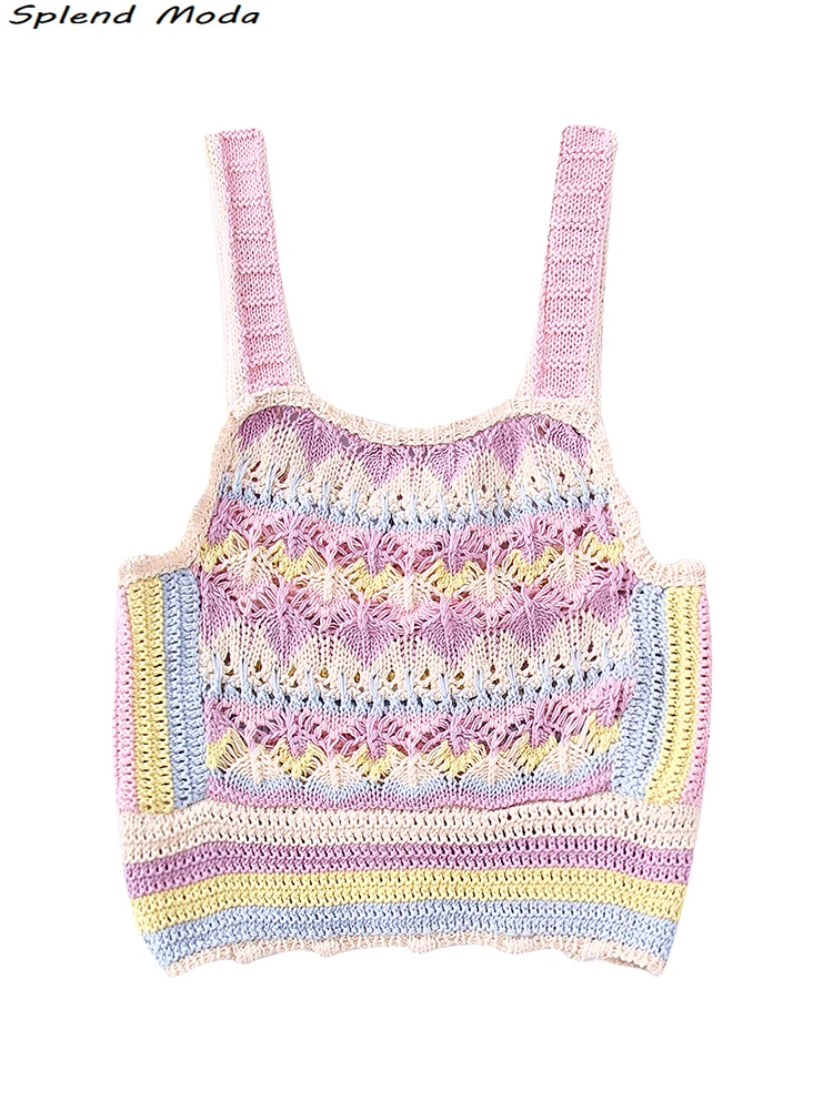 

2022 ZA Women Summer Sweet Style Fashion Striped Knitted Tank Tops Cute Chic Elastic Bust Slim Crop Top Young Pullovers