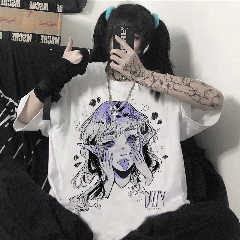 Women T-shirts Harajuku Music Girl Print Black Crop Oversized T-shirt Goth Short Sleeve Top Female TShirt Kawaii Ladies Clothing |