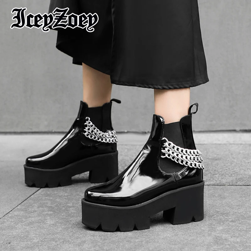

Женские короткие ботинки IceyZoey, черные ботильоны на толстой подошве, с металлической цепочкой, модная женская обувь, размеры 32-43,