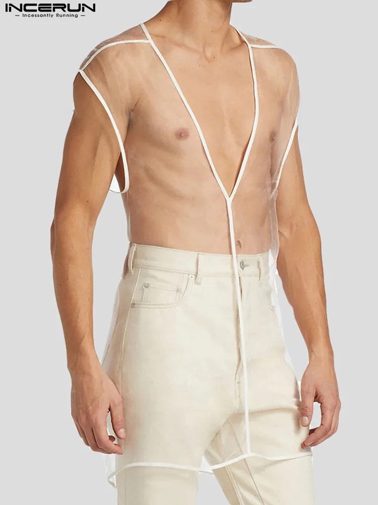 INCERUN-camisetas sin mangas con cuello en V profundo para hombre, chalecos finos transparentes con personalidad, ropa de calle Sexy, Tops de estilo largo, 2022