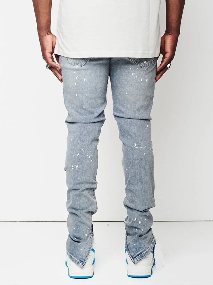 New Design Men Jeans Man paint Slim Fit Cotton Ripped Denim pants Knee Hollow Out Light blue Jeans for Men Streetwear