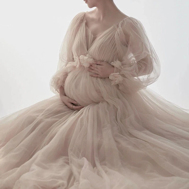 Mesh Maternity Dresses For Photo Shoot Long Sleeve Tulle Floral Maxi Gowns Pregnant Women Photography Pregnancy Shooting Dress