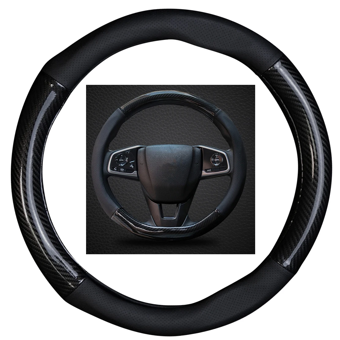 

Carbon Fiber Style 38cm 15" Steering Wheel Cover Trim PU Leather Protector Guard for SUV Black Car