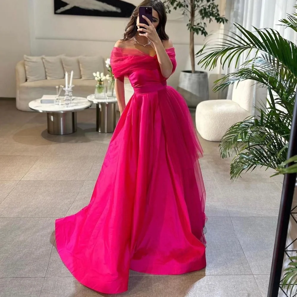

FLORINE TULIRAIN Satin Floor-Length A-Line Off The Shoulder Evening Dress Saudi Arabic Red Prom Gown For Sexy Women 2023