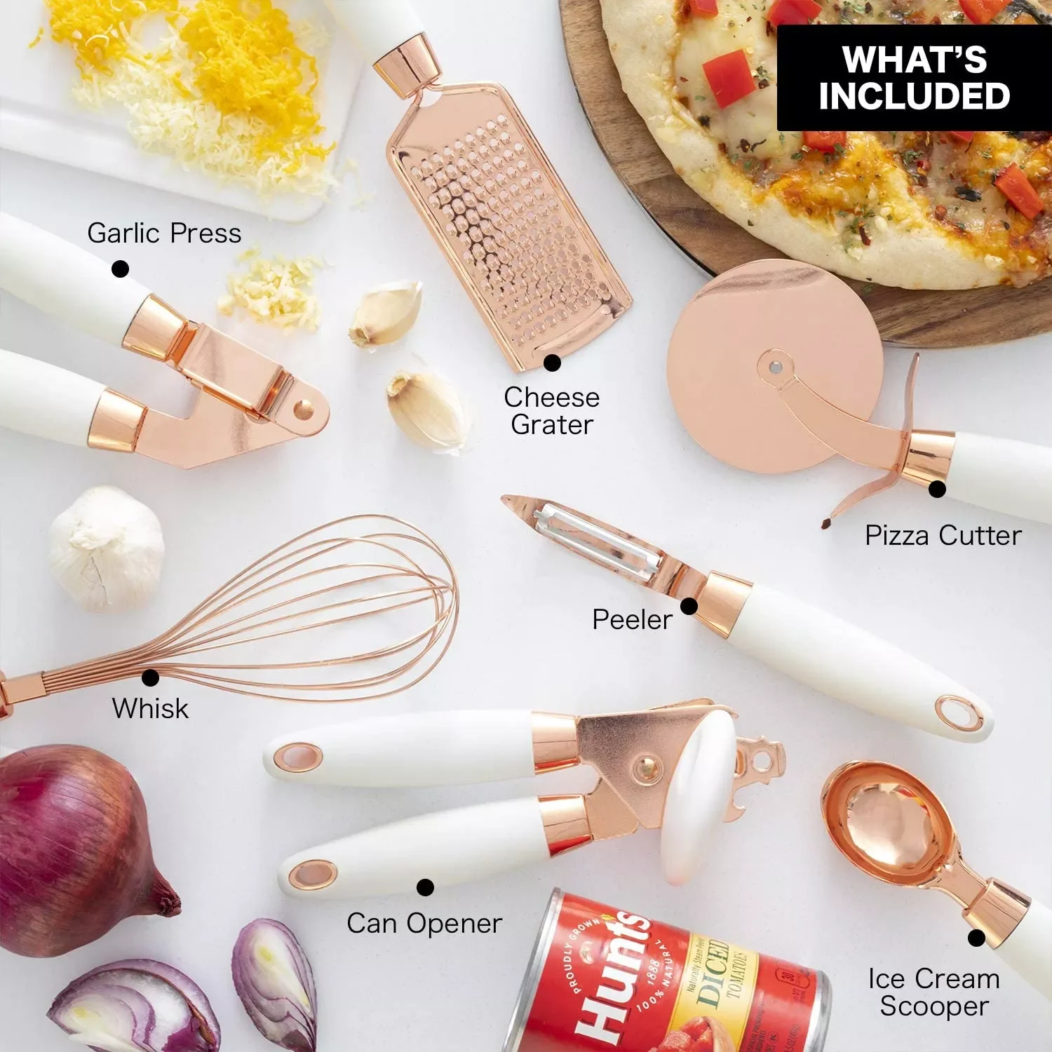 

7pcs Kitchen Gadget Set Copper Coated Stainless Steel Utensils Ice Scream Scoop Peeler Garlic Press Cheese Grater Whisk