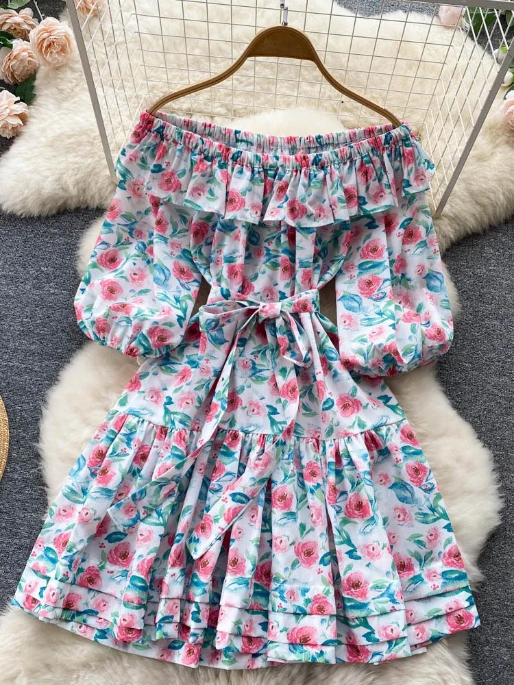 

Bohemian Women Floral Mini Dress Summer Sexy Slash Neck Off Shoulder Puff Short Sleeve High Waist A-Line Slim Vestidos Female