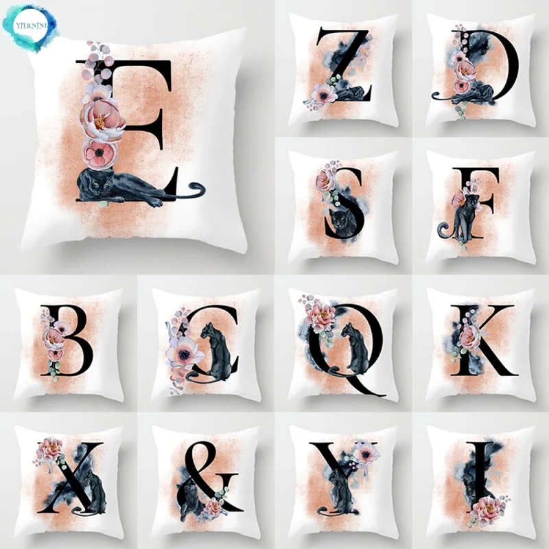 

45X45cm Polyester Decorative Cushion Cover 26 English Letters Mint Leopard Alphabet Pillowcase Sofa Bed Pillow Case For Home Dec