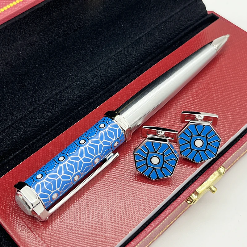 LAN Santos-Dumont de CT Ballpoint Pen Heptagon Blue Decorative Pattern Luxury Silver Trim With Serial Number Writing Smooth