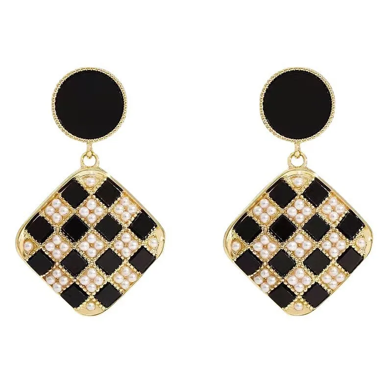 

silver 925 needle black white checkerboard dangle earring for women korean fashion designer vintage geometric pearl drop earring