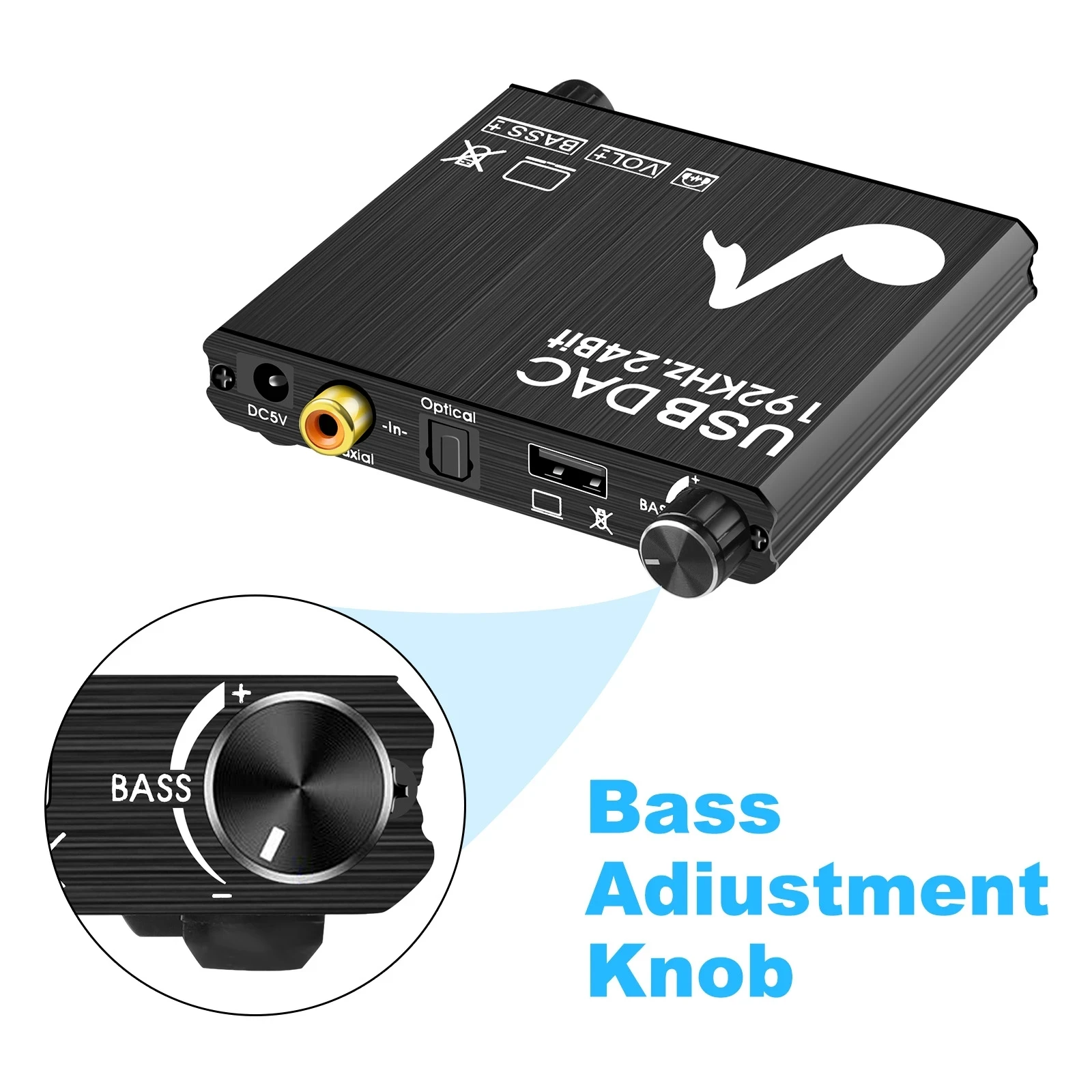 Фото USB DAC 192 кГц 24 бит Цифро-аналоговый преобразователь с регулировкой басов и громкости, коаксиальный и Toslink входы, аналоговые стереовыходы L/R RCA, разъем 3.5 мм №5