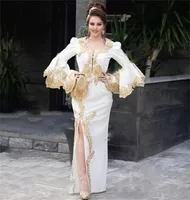 Elegant Moroccan White Sheath Formal Evening Dress Luxury Celebrity Gold Appliques Crystals Beaded Arabic Dubai Prom Party Gown
