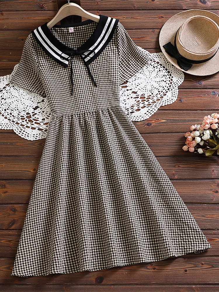 

2022 Summer Mori Girl Plaid Dress Short Sleeve Sailor Collar Midi Dress High Waist Vintage School Dress Fashion Kawaii Vestidos