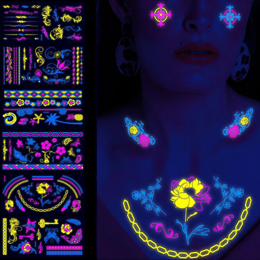 

Glow in the Dark Temporary Tattoos Rave Party Makeup for Girls Women Fluorescent Neon Party Decorations UV Blacklight