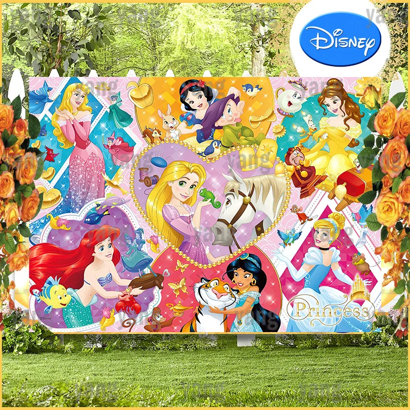 Enlarge Disney Backdrop Cinderella Sleeping Beauty The Little Mermai Seven Dwarfs Photography Princess Baby Birthday Party Background