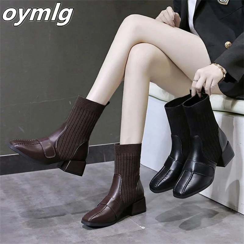 2022 new autumn and winter square head knitted thick heel short boots women's square head thin women's boots trend