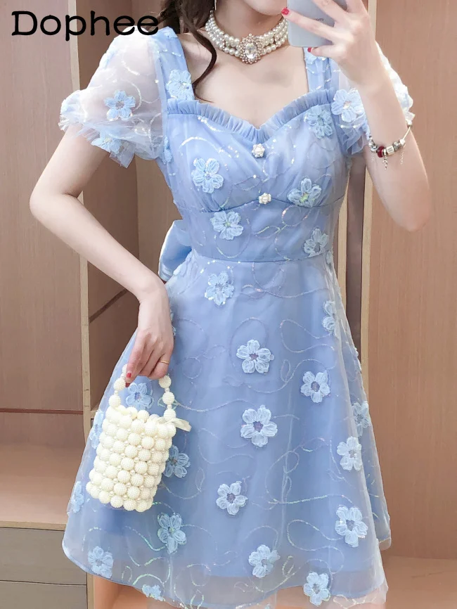 

Bohemian Dress for Women 2022 Summer New Sweet Square Collar Sequined Flower Back Hollow Out Tied Bow Mesh Dresses Lady Outfits