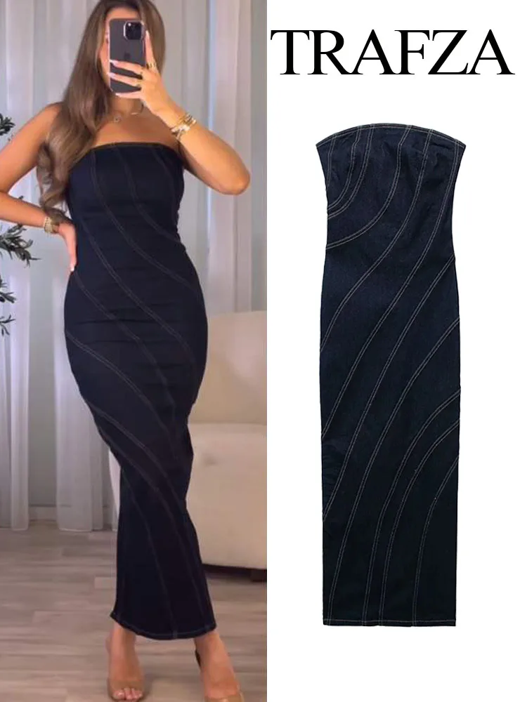 

TRAFZA 2023 Women Striped Backless Summer Dresses Sexy Party Dresses Female Sexy Off Shoulder Bodycon Long Dress