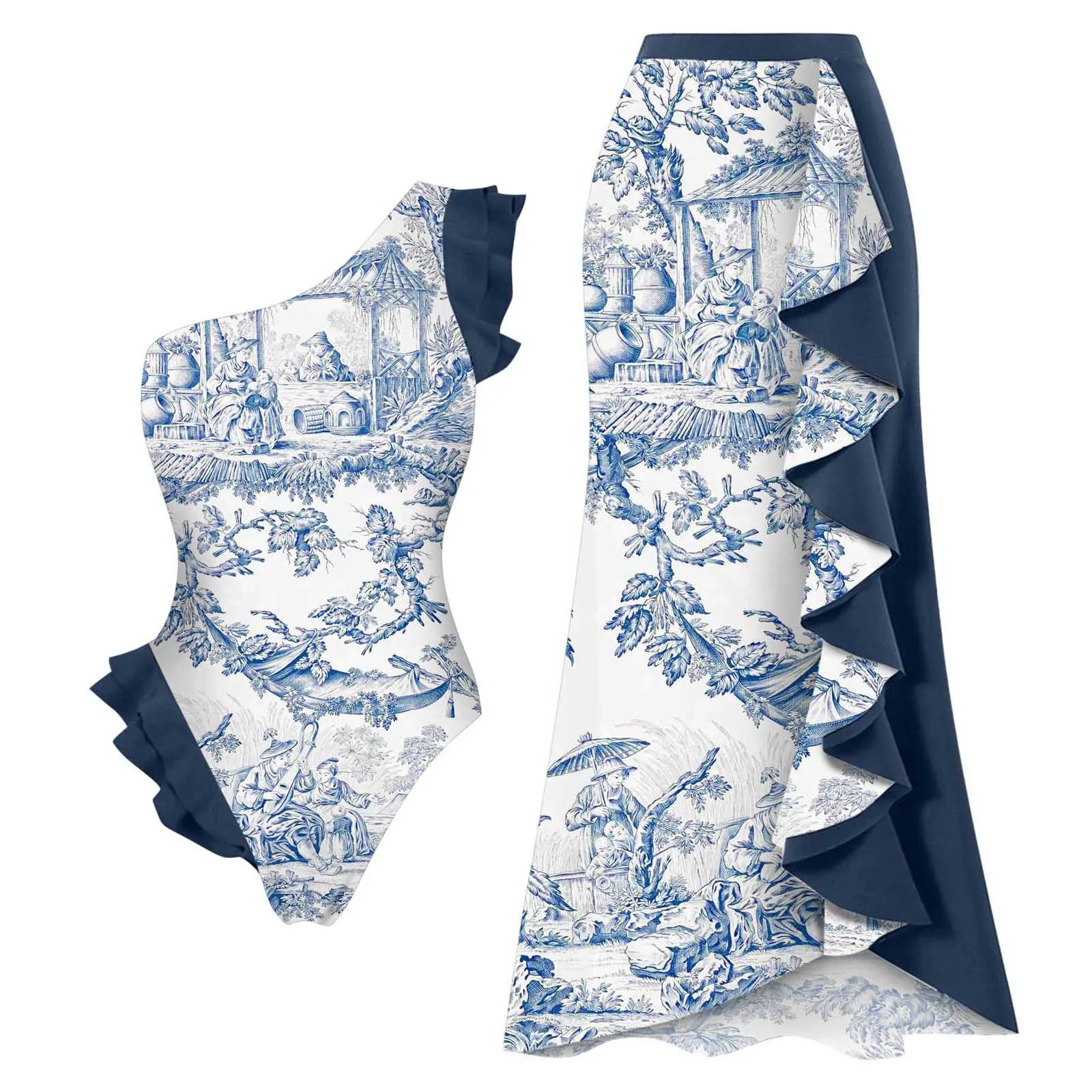 

One Piece Bikini Swimsuit with Skirt Woman 2023 New One Shoulder Swimwear Vintage Holiday Beach Bathing Suit Summer