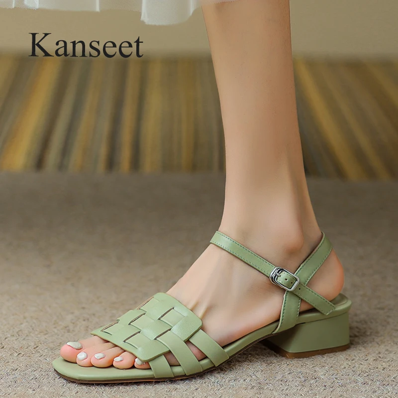 

Kanseet Casual Women's Sandals Newest Summer Open-toed Weave Cow Leather Handmade Buckle Strap Mid Heels Lady Footwear Green 40