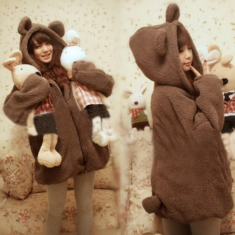 Kawaii Winter Tendy Fur Jackets Cute Girl Coat Little Bear Little Rabbit with Ears Tail Cartoon Plush Coat Hooded Sweater Girl