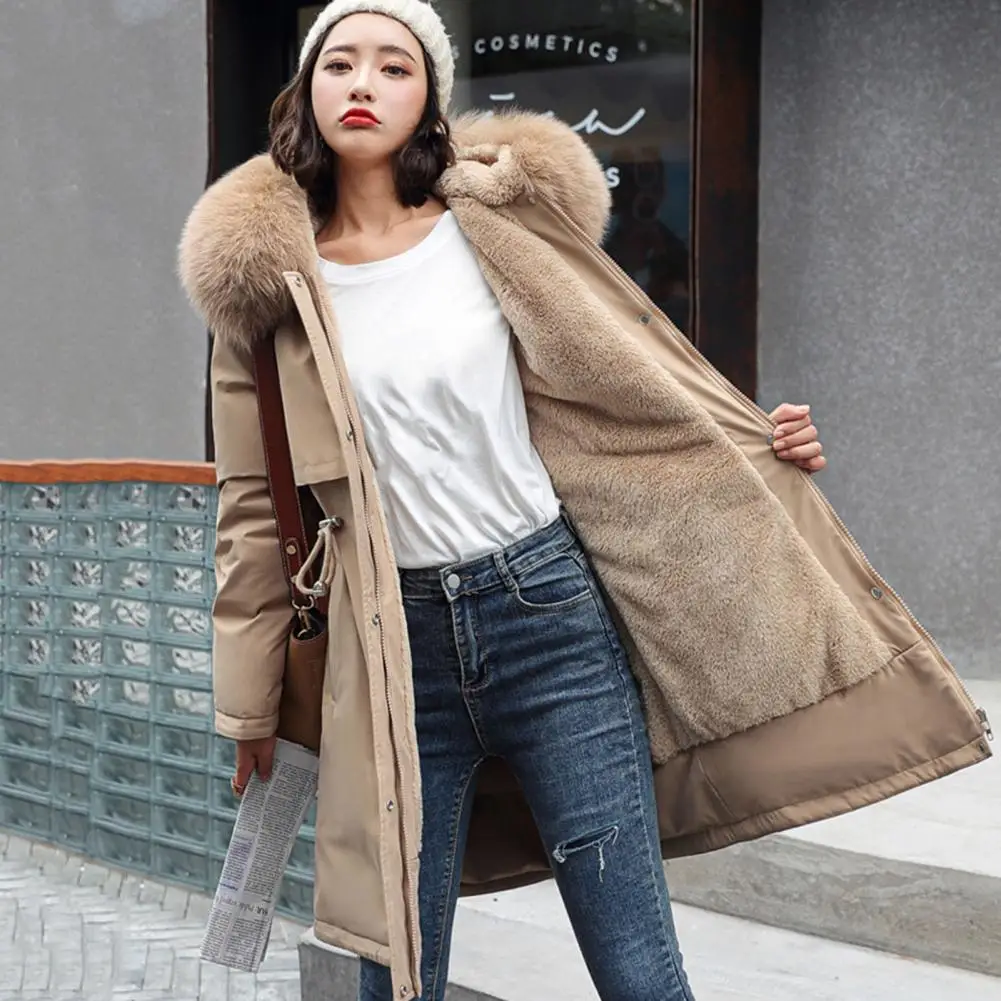 Long Sleeves Waist Drawstring Zipper Buttons Closure Pockets Women Coat Faux Fur Hooded Fleece Lined Padded Cotton Jacket