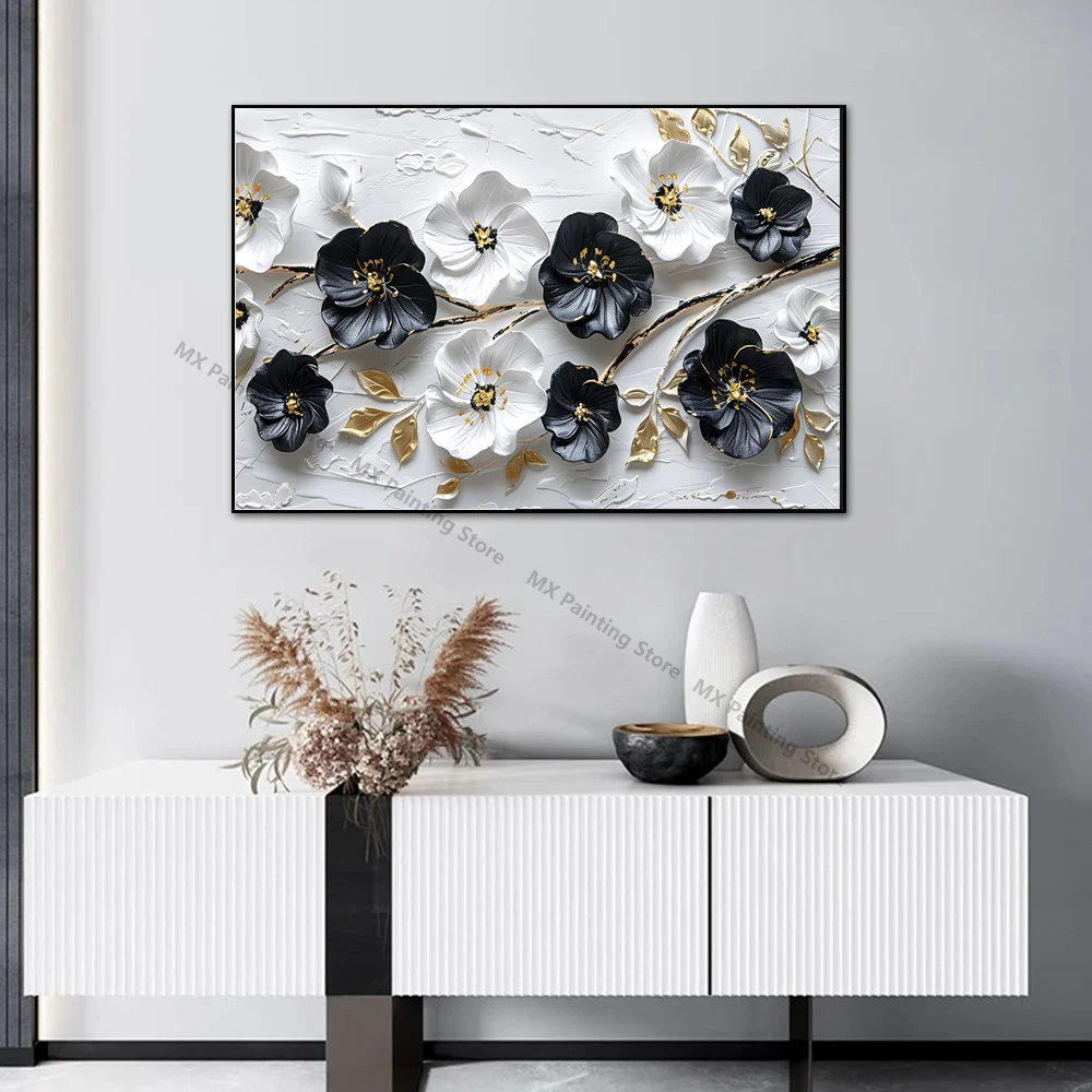 Абстрактное искусство черно-белые цветы Золотые листья на холсте плакаты