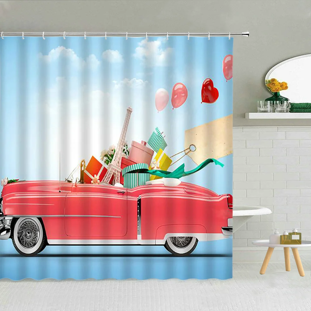 

Summer Beach Scenery Shower Curtain Travel Car Ocean Landscape Bathroom Decor Bath Bathtub Fabric Curtains Set Vacation Surfing