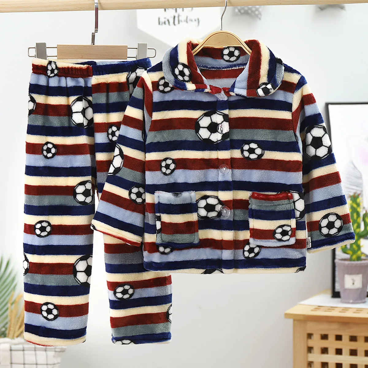 New 2020 Kids Boys Girls Autumn Winter Warm Flannel Pajama Sets Cartoon Print Lapel Tops with Pants Sleeping Clothing Sets