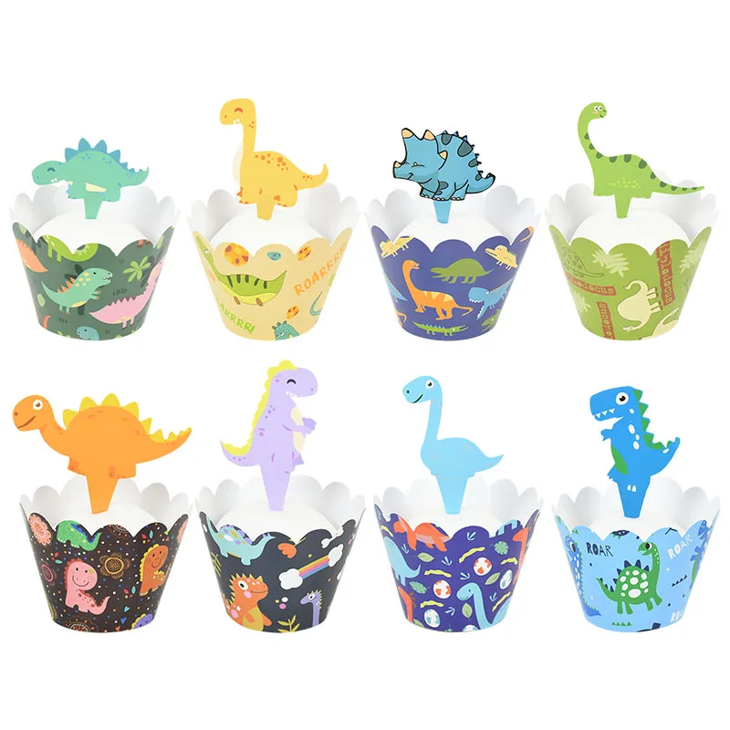 24pcs/set Dinosaur Cupcake Wrappers Cake Topper For Jurassic World Theme Kids Birthday Party Decoration Cake Decorating Supplies