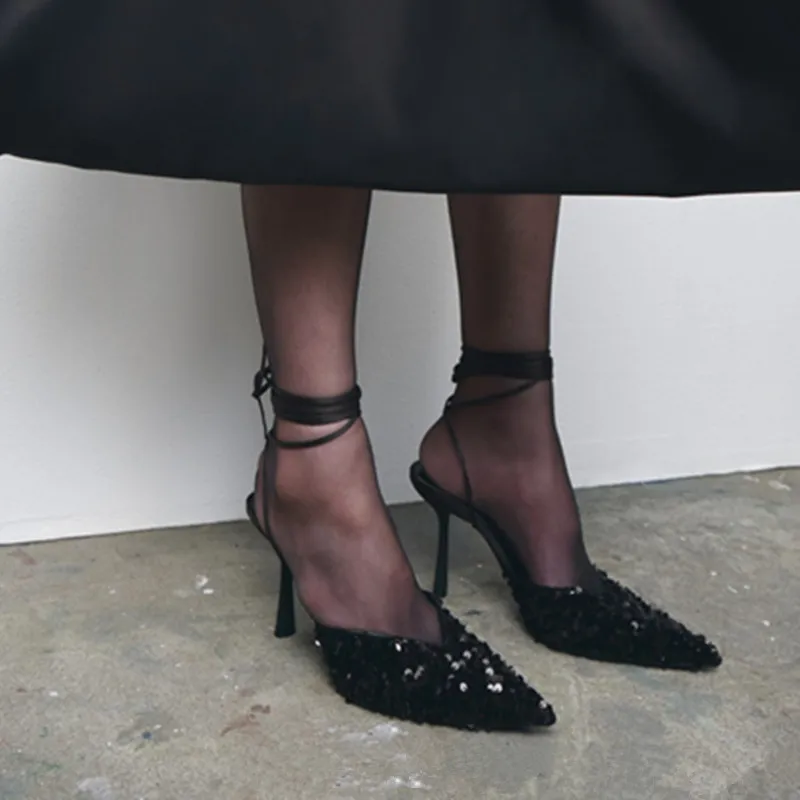 

2022 New Women Pointed Toe Pumps Fashion Bling Shallow Ankle Lace Up Ladies Dress Sandals Thin High Heel Dress Party Shoes