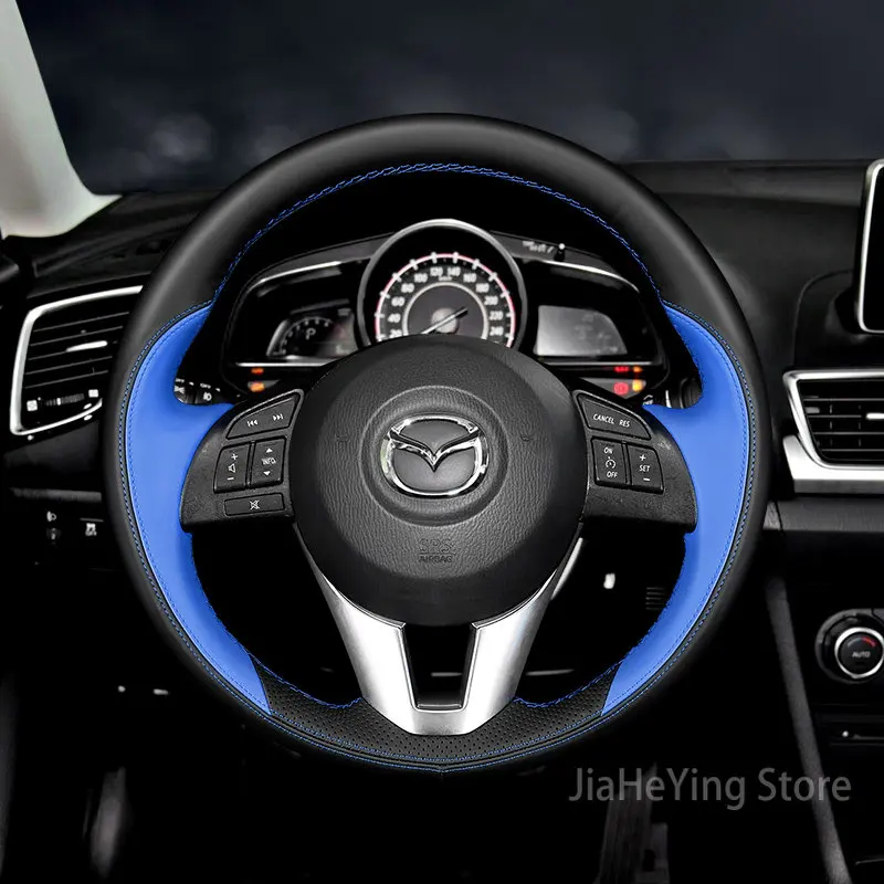 

Вышивка вручную, черная, синяя кожа, искусственная кожа для Mazda чехол рулевого колеса автомобиля CX5 Atenza 2014 Mazda 3 CX-5 2016