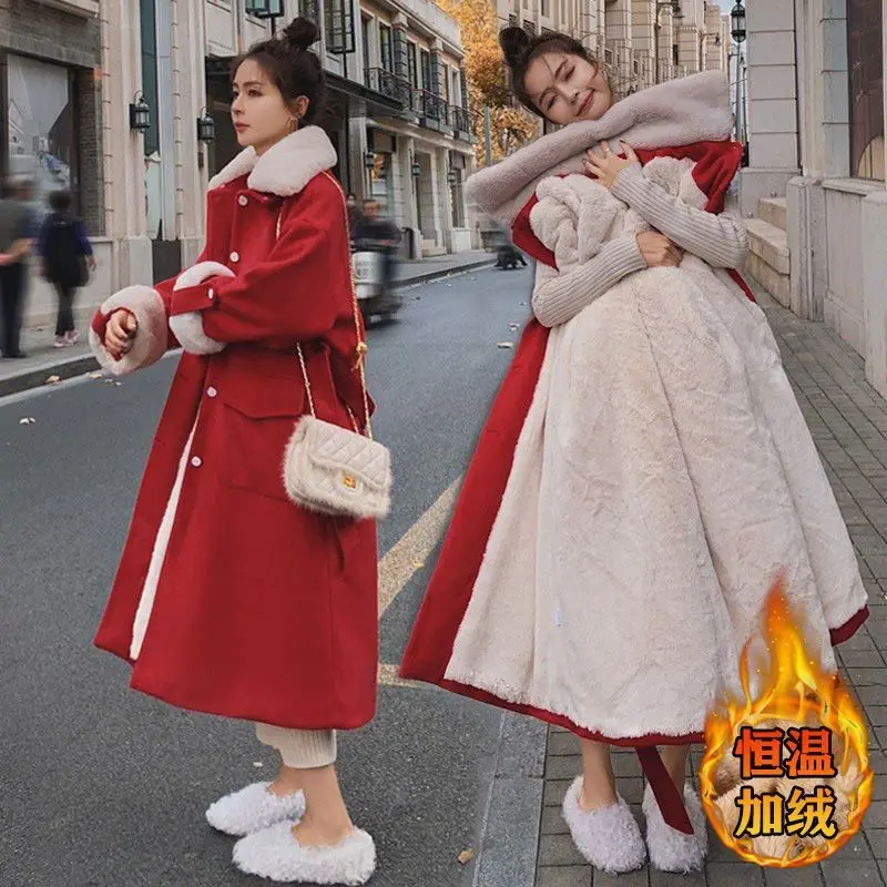 Winter Fleece Red Woolen Coat Pregnant Women's Medium Long  Plush Thickened Warm Parka Coat Maternity Jackets