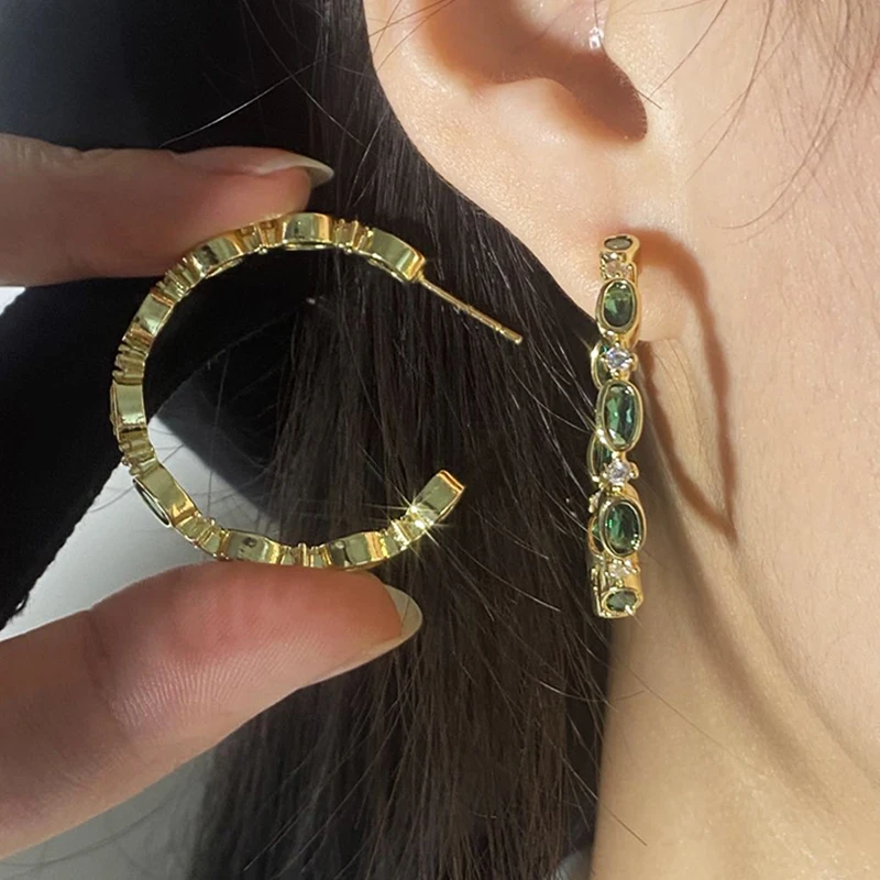 

Luxury Gold Plated Green Crystal Oval Earrings for Women Simple Classic Pave AAA Shine Zircon Earrings Trendy Jewelry Wholesale