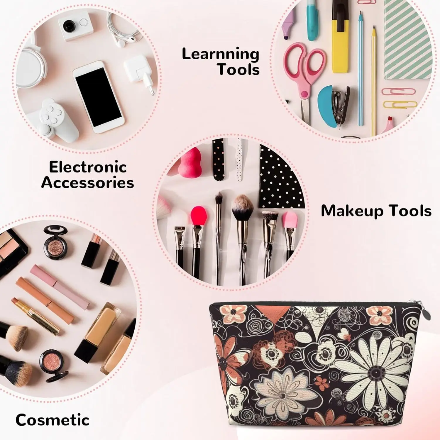 Кожаная дорожная косметичка с цветочным принтом и сердечками