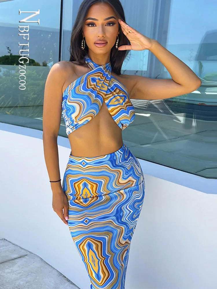 

Women's Clothing 2021 New Summer Printing Halter Neck Halter Strap Tube Top Slim Skirt Suit Women Sets