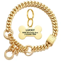 gold color 15mm dog chain collar stainless steel necklace dog stuff training metal strong pet collars with personalized id tag
