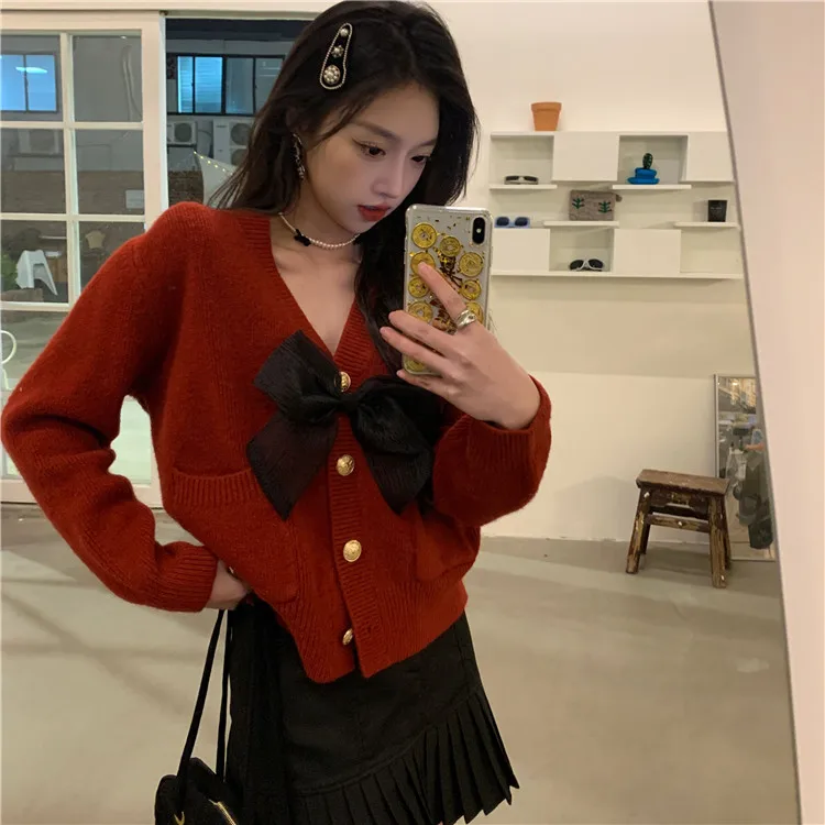 

GY2173 Winter Korean version loose V-neck bow sweater cardigan women's new year red sweet design knitted jacket