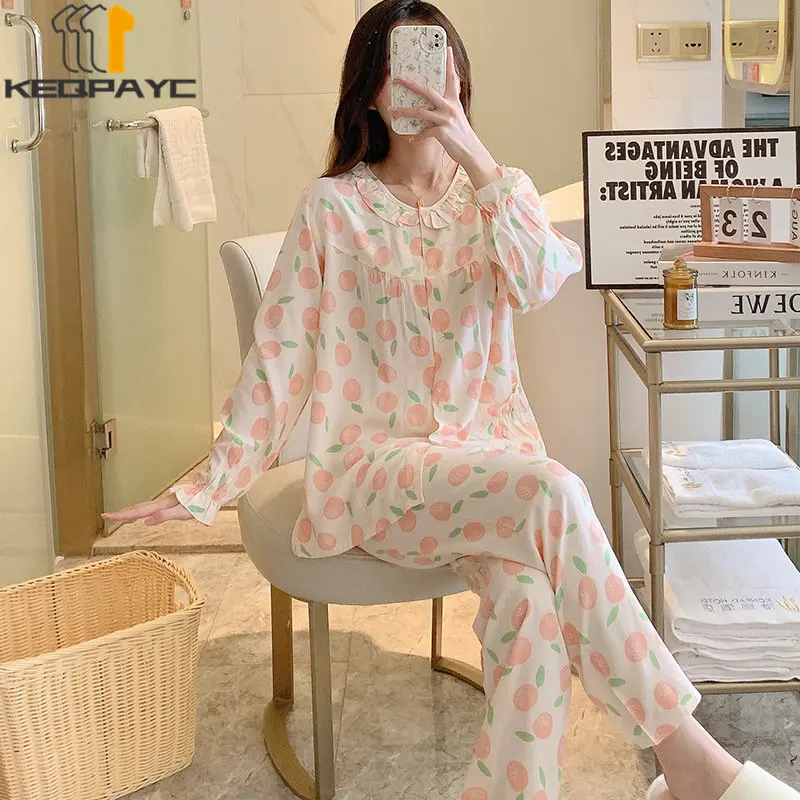Women's Pajamas New Spring Autumn Peter Pan Collar Long Sleeve Thin Sleepwear Pyjamas Woman Cartoon Nightwear Clothing Sets