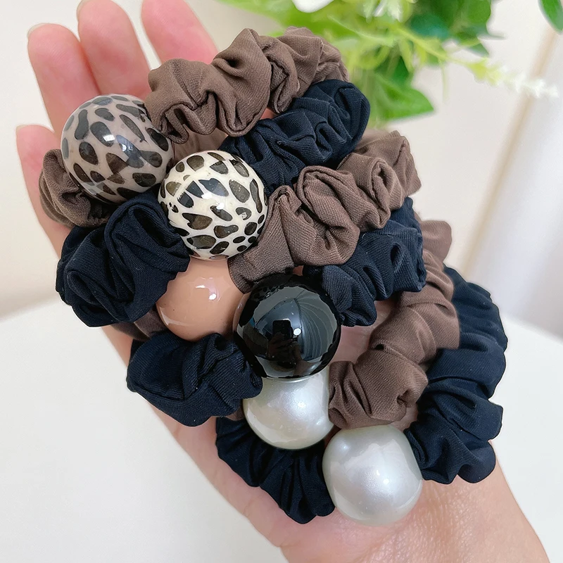 

High Elastic Durable Leopard Print Elegant Pearl Head Rope No Harm To Hair Wrinkles Hair Loops Satin Intestine Hair Loop