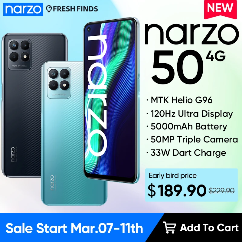  realme Narzo 50 Helio G96 Телефон на базе Android Дисплей 120 Гц Мобильные телефоны Аккумулятор 5000 мАч Камера 50 МП 