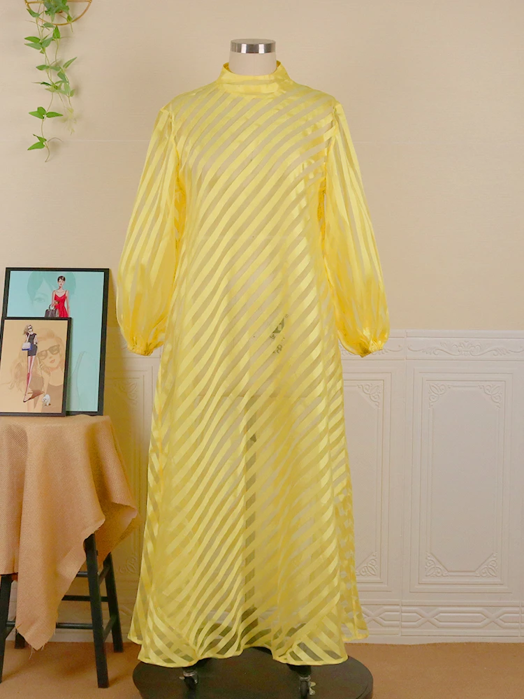 Платье-рубашка летнее прозрачное желтое с длинным рукавом воротником-стойкой -