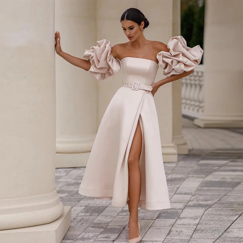 

Modern Bride Gowns Strapless Short Puff Sleeve Belt Satin Lace Up Wedding Dresses Side Split A-Line Tea-Length Vestido De Noiva