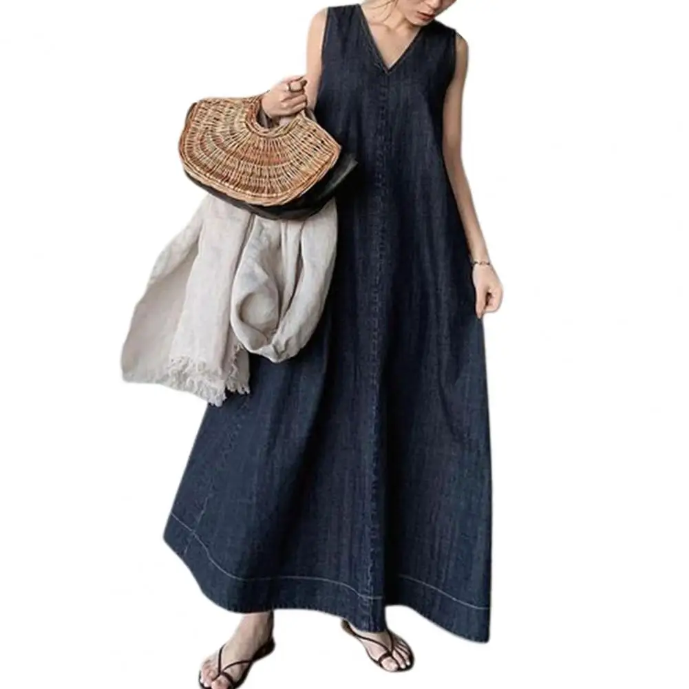 

Women Maxi Dress Loose Sleeveless Vest Type Summer Dress V Neck Loose Hem Soft A-line Ankle Length Lady Summer Dating Dress