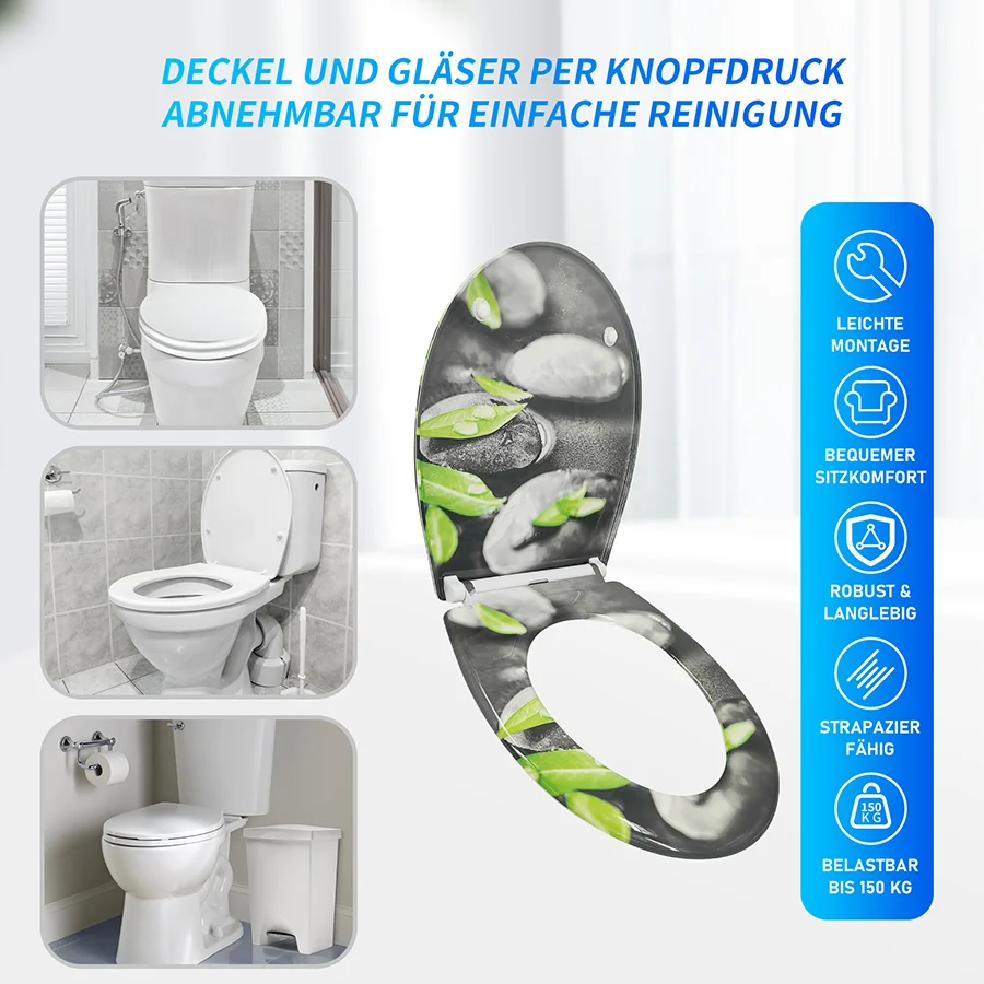 Сиденье для унитаза из смолы серого камня и зеленого листа бесшумное медленное