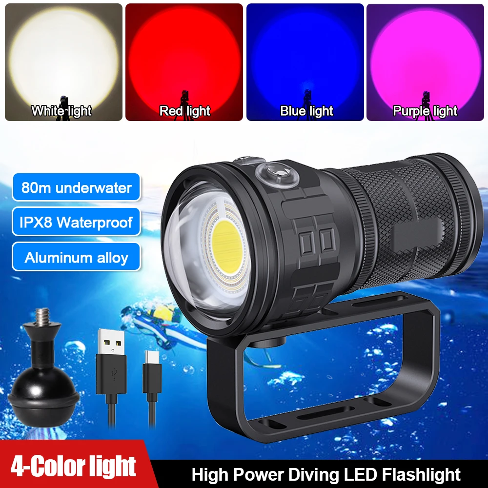 800000LM Brightest Diving Flashlight Diving Torch Light Underwater 100m Lighting 1500m 4 Light Lamp Super Waterproof Flashlights