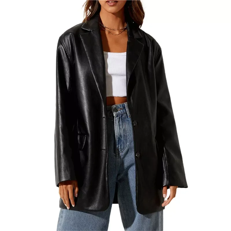 Women Faux Leather Blazer Y2k Vintage Boyfriend PU Jacket Shacket Long Sleeve Button Down Coat Streetwear enlarge