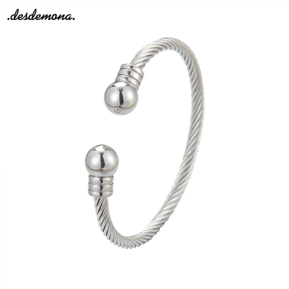 

316L Stainless Steel Charm Ball Open Cuff Bangle Women Bracelet Stainless Steel Gold Color Wire Rope Women Bangle FashionJewelry